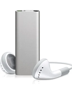 Silver rectangular MP3 player with white earbuds, showcasing a minimalist design.