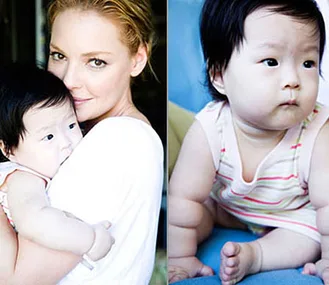 A woman holding an infant on the left; the same infant sitting on the right, wearing a striped outfit.