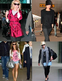 Four celebrities in varied stylish airport outfits, featuring coats, hats, and sunglasses, showcasing travel fashion.