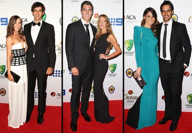 Three couples pose on the red carpet at the Allan Border Medal event, dressed in formal attire.