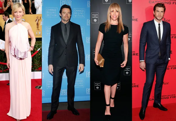 Australian celebrities at various red carpet events showcasing elegant attire.