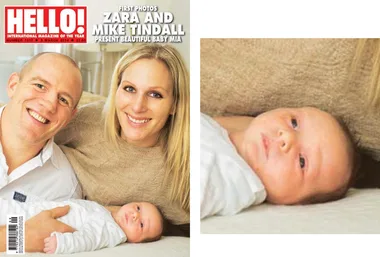 Family photo on a magazine cover showing a happy couple with their newborn baby lying on a beige blanket.
