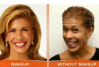 TV host side-by-side comparison: with makeup smiling on left, without makeup smiling on right.