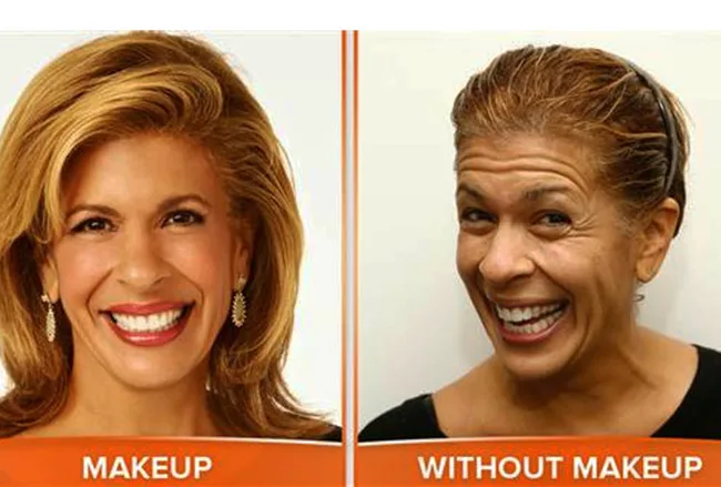 TV host side-by-side comparison: with makeup smiling on left, without makeup smiling on right.