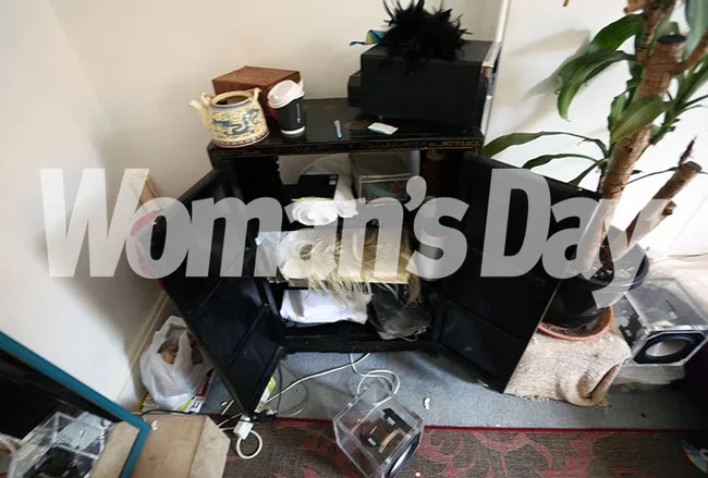 Messy room corner with open cabinet, scattered items, and plants, labeled "Woman's Day."