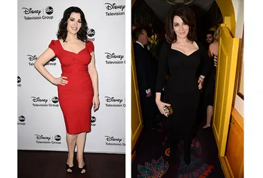 Nigella Lawson in red and black dresses at separate events, posing confidently.