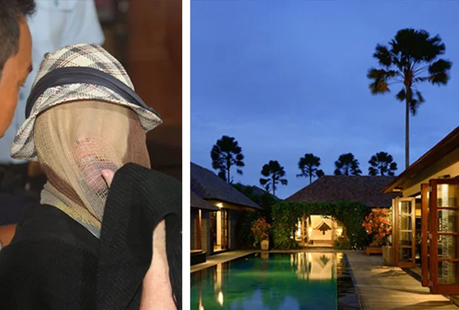 A person with covered face on left; on right, a luxury villa with a pool and palm trees at dusk.