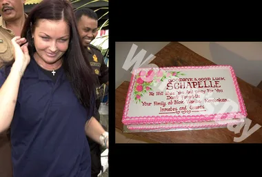 Schapelle Corby smiling with officials; farewell cake inscribed with good wishes from inmates and guards.