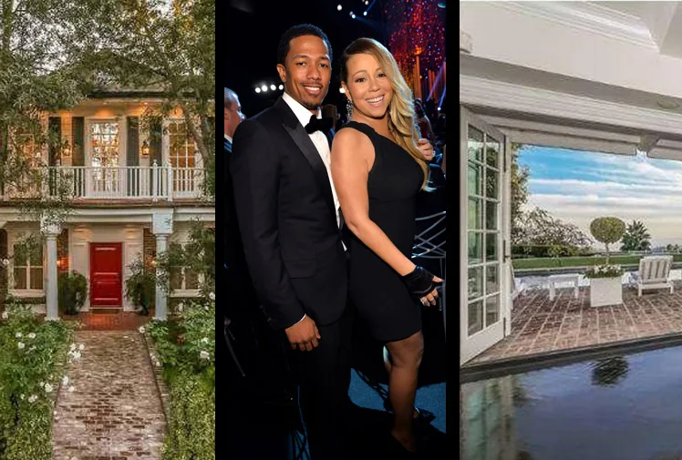 Mariah Carey with a man at an event, house exterior view, and a poolside patio setting with open doors to the landscape.