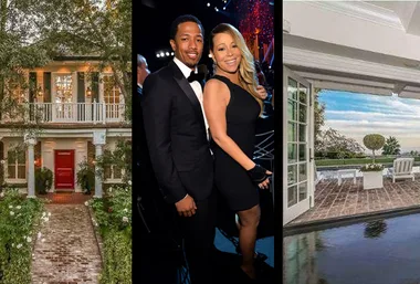 Mariah Carey with a man at an event, house exterior view, and a poolside patio setting with open doors to the landscape.