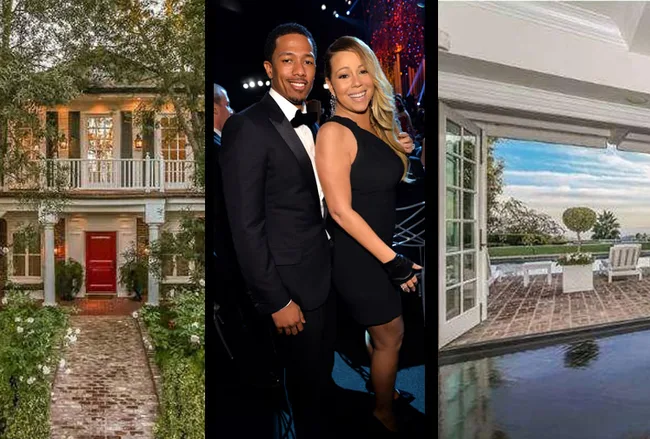 Mariah Carey with a man at an event, house exterior view, and a poolside patio setting with open doors to the landscape.