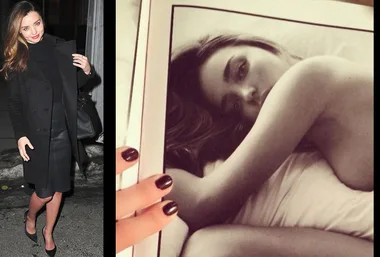 Miranda Kerr in a black coat on the street; a photographer holding a book with a black and white image of her in bed.