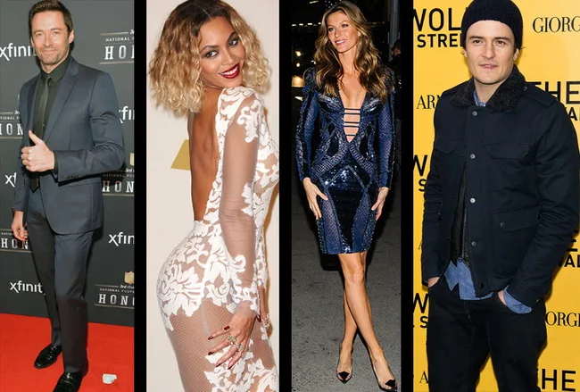 "Four people posing at events: one in a suit, one in a sheer dress, one in a blue dress, and one in casual attire with a beanie."