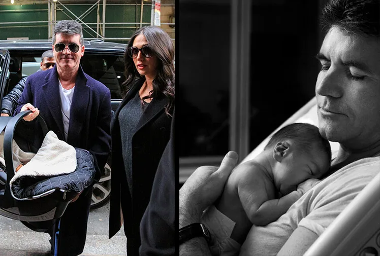 Man carrying baby seat, alongside woman, left; man holding sleeping newborn, right.