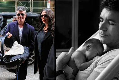Man carrying baby seat, alongside woman, left; man holding sleeping newborn, right.