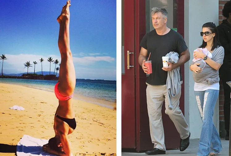 "Left: Woman doing a headstand on the beach. Right: A man and woman carrying a baby, walking outside with drinks."