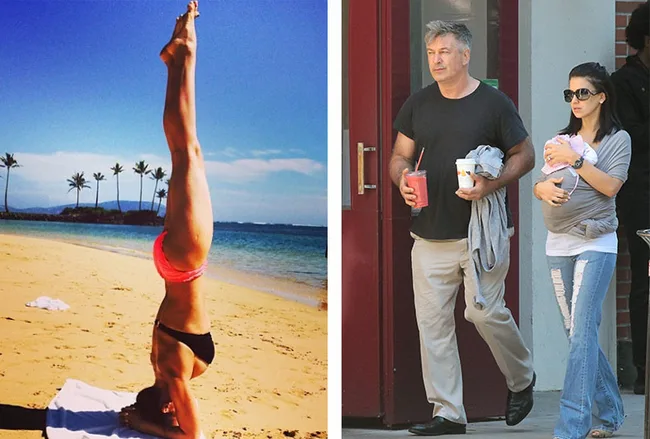 "Left: Woman doing a headstand on the beach. Right: A man and woman carrying a baby, walking outside with drinks."