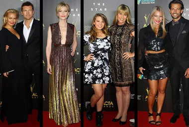 Group of celebrities at AACTA Awards red carpet, dressed in formal attire, posing for photos.