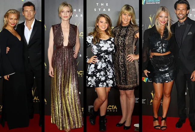Group of celebrities at AACTA Awards red carpet, dressed in formal attire, posing for photos.
