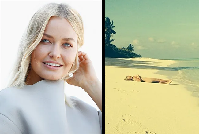 Smiling person in a white outfit on the left; person lying on a tropical beach on the right.