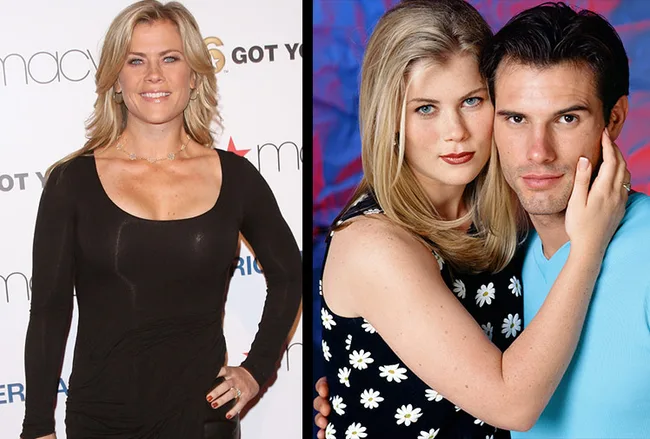 Actress in black dress on left; same actress with a man, both posing closely, in floral and blue outfits on right.