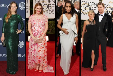 Golden Globes red carpet with four women in elegant gowns; each displaying baby bumps.