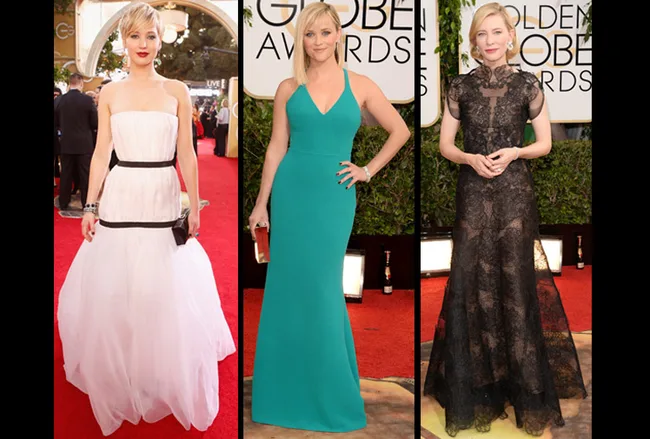 Three actresses on the red carpet at the Golden Globes 2014, each wearing elegant gowns: white, teal, and black lace.