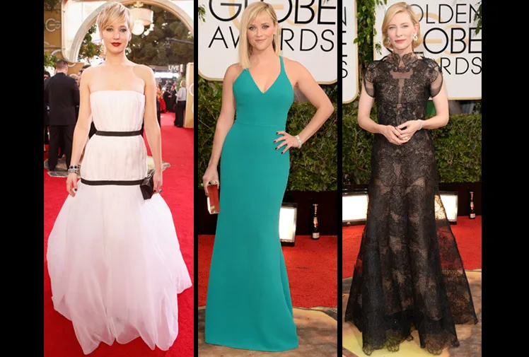 Three actresses on the red carpet at the Golden Globes 2014, each wearing elegant gowns: white, teal, and black lace.