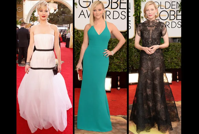 Three actresses on the red carpet at the Golden Globes 2014, each wearing elegant gowns: white, teal, and black lace.