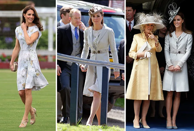 Kate Middleton wearing floral and light-colored outfits at three different events.