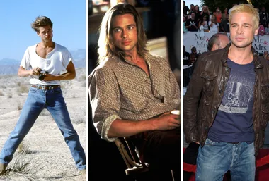 A collage of a man in different eras: in a desert with a camera, long-haired indoors, and on a red carpet in a leather jacket.