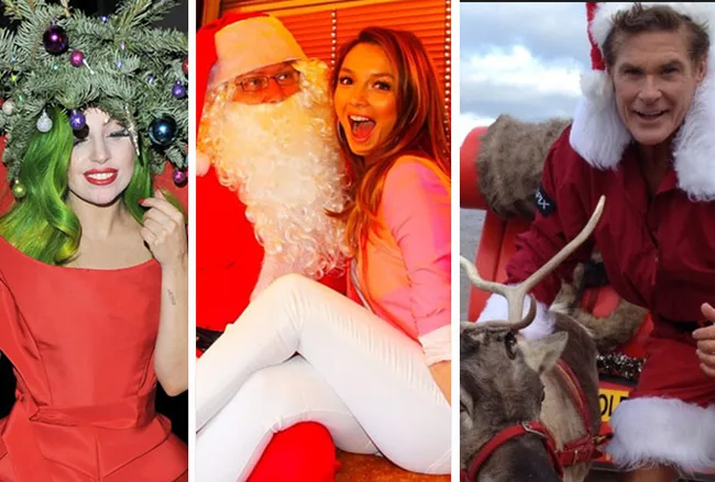 Three celebrities enjoying Christmas: one in a festive outfit, another sitting with Santa, and the third by a reindeer.