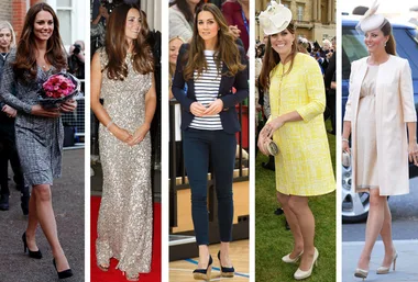 "Collage of Kate in five outfits: gray dress with flowers, sequin gown, striped shirt with blazer, yellow coat, and cream dress."