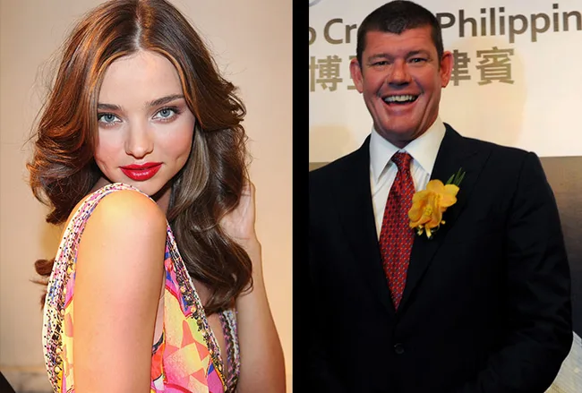 Young woman in colorful dress with long hair on left; man in suit with flower on lapel smiling on right.