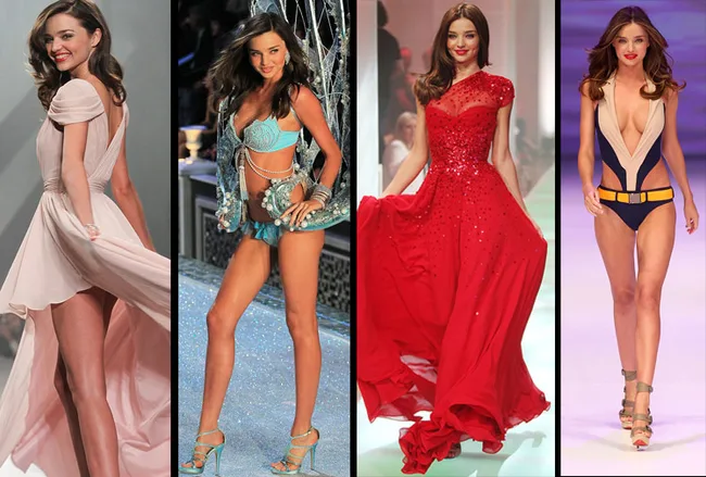 Miranda Kerr in various fashion runway outfits, including a flowing dress, lingerie, a red gown, and a stylish swimsuit.