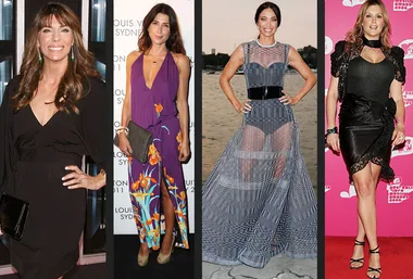 Four women posing at different events, each wearing a unique fashionable dress.