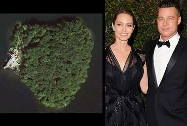 Satellite view of a heart-shaped island beside a well-dressed couple in formal attire at an event.