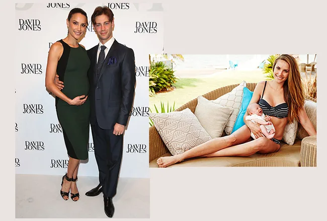 Two images: on left, a couple posing, woman cradling baby bump; on right, woman in bikini holding a newborn on a couch.