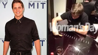 Split image: Left shows a man in a black shirt at an event; right shows him seated at a table with lines on it.