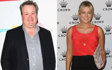 Two individuals smiling at separate events; one in a suit, the other in a red top holding a clutch with a pattern.