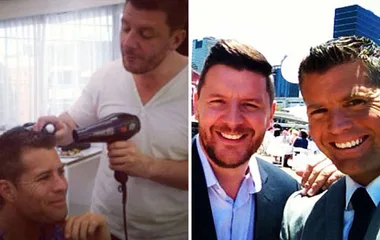 Two men in suits smile outdoors; one holding a selfie. Another image shows a man styling hair with a blow dryer.