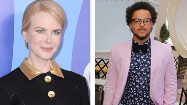 Nicole Kidman posing at an event, and Connor Cruise in a pink jacket with a floral shirt and bow tie.