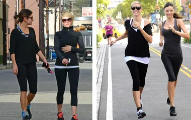 Two pairs of women exercising outdoors; one walking, one jogging, in athletic wear, enjoying a sunny day.