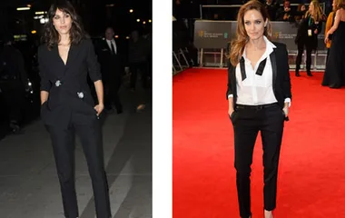 Alt text: "Two women in stylish black suits, one on the sidewalk at night, the other on a red carpet event."