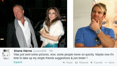 Two people pose together at night; a tweet from Shane Warne reflects on moving on post-relationship, suggesting joining Tinder.
