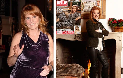 Sarah Ferguson poses in a magazine shoot for Hello! with a homey fireplace setting and smiling in a purple dress.