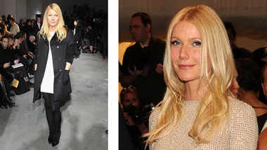 Gwyneth Paltrow at a fashion event wearing a black coat and in another image with a glittery top in a crowded setting.