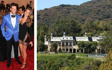 Couple posed on red carpet; adjacent image of a large estate surrounded by trees and hills.