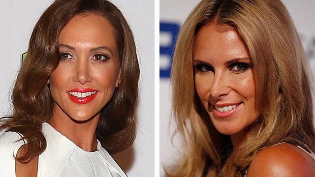 Two women smiling in side-by-side photos at an event, both with long hair and evening attire.