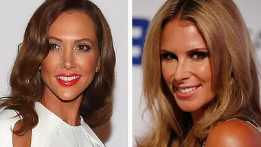 Two women smiling in side-by-side photos at an event, both with long hair and evening attire.